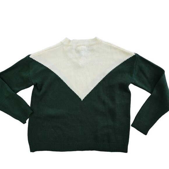 Main Strip Knit Sweater V-Pattern Green & Cream Cozy Pullover size medium - Picture 2 of 5